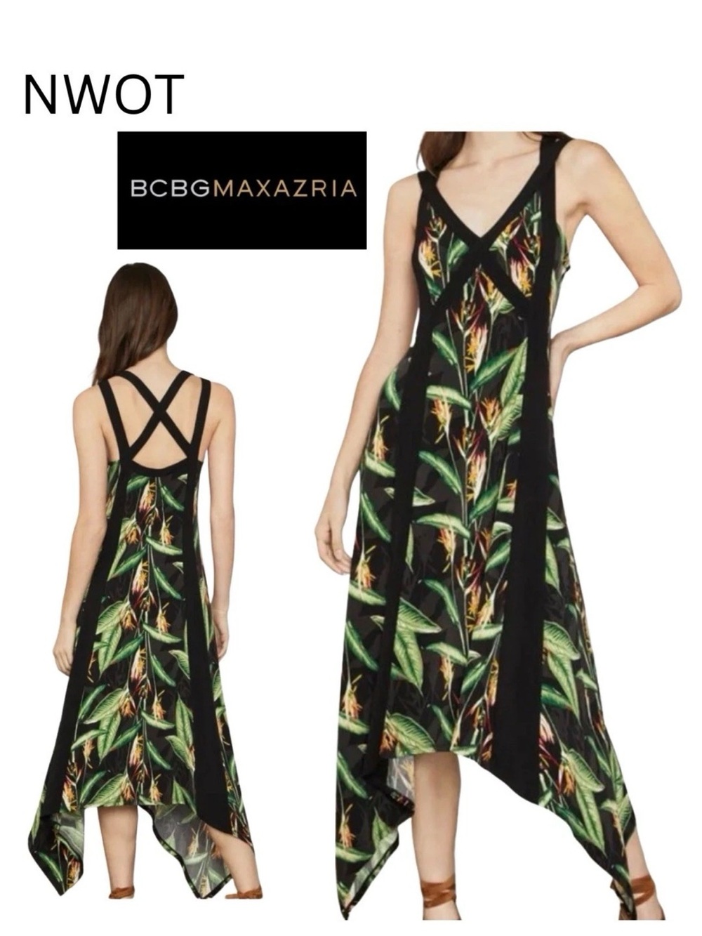 BCBGMaxAzria Black Tropical-Print Asymmetrical Handkerchief Dress